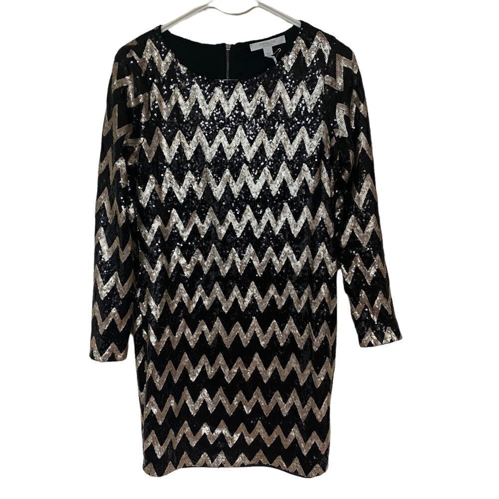 Piperlime Collection NEW sequin long sleeve mini formal dress zip zag gold black
